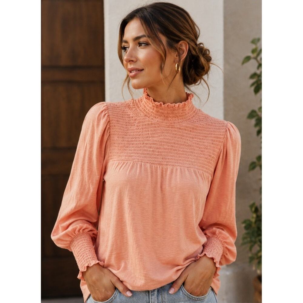 Nation LTD Peach Pink Smocked Open Back Pima Cotton Blouse